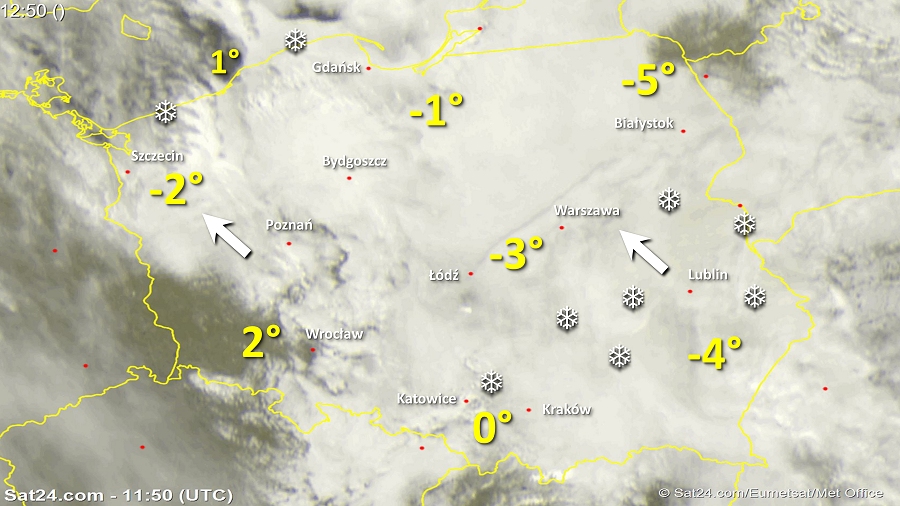 Zdjęcie satelitarne w dniu 15 lutego 2018 o godzinie 12:50. Dane: Sat24.com / Eumetsat.