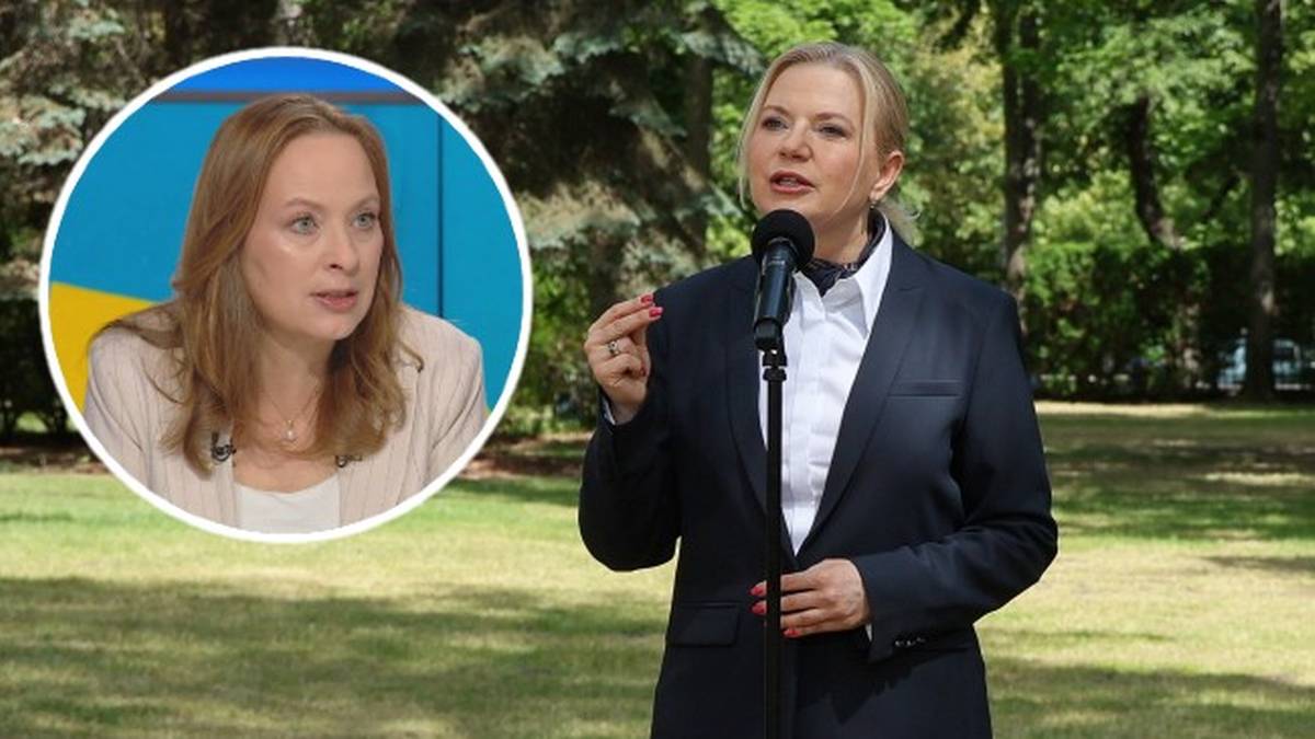 Monika Piątkowska przemawia przy mikrofonie, w lewym g&oacute;rnym rogu zdjęcie Katarzyny Pełczyńskiej-Nałęcz.