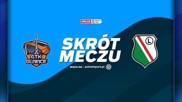 Grafika przedstawiająca skrót meczu koszykówki pomiędzy Tauron GTK Gliwice a Legią Warszawa. Po lewej stronie znajduje się logo GTK Gliwice, a po prawej logo Legii Warszawa. W centrum widnieje napis "SKRÓT MECZU".
