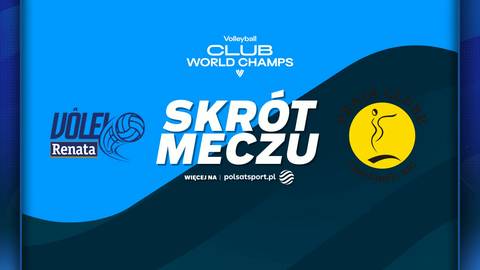 Logo Volleyball Club World Champs, obok nazwa Volei Renata z symbolem piłki siatkowej, a poniżej napis SKR&Oacute;T MECZU. Po prawej stronie ż&oacute;łte koło z sylwetką gracza siatk&oacute;wki.