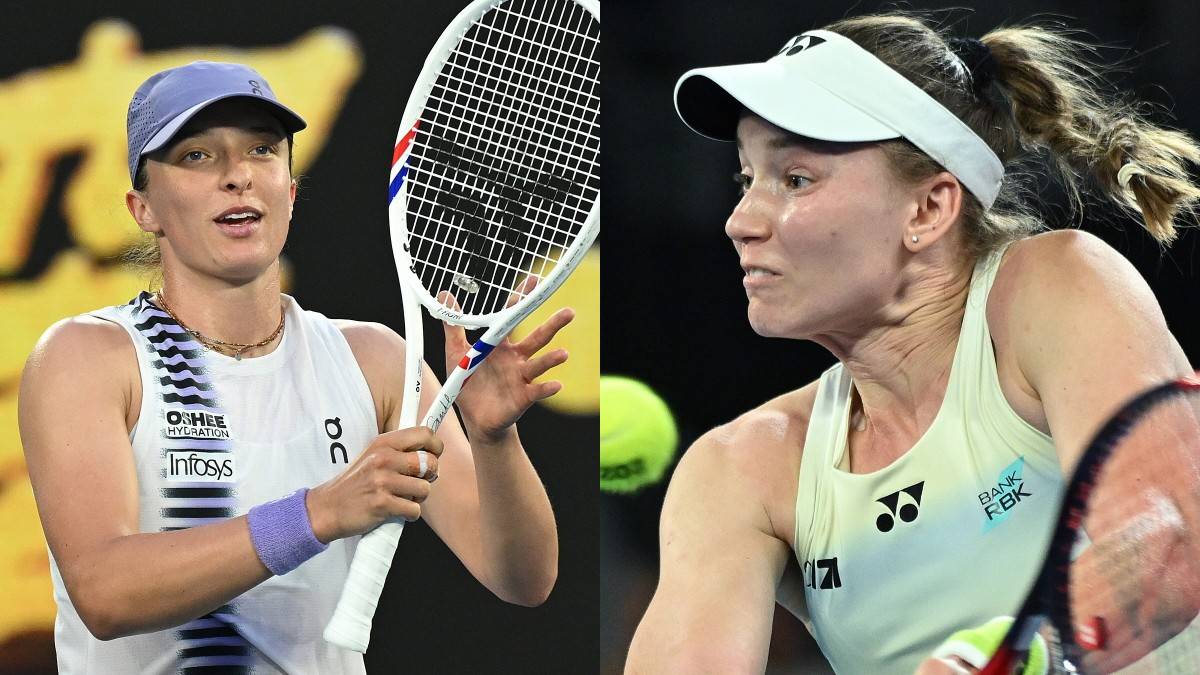 Dwie tenisistki, Iga Świątek i Jelena Rybakina, w akcji podczas meczu tenisowego.