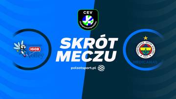 Grafika zapowiadająca skrót meczu siatkarskiego Igor Gorgonzola Novara - Fenerbahce Medicana Stambuł. Widoczne logotypy obu drużyn oraz napis "SKRÓT MECZU".
