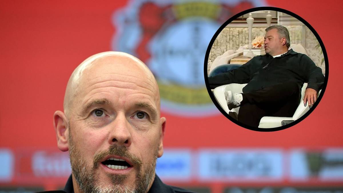 Zdjęcie przedstawia zbliżenie na twarz Erika ten Haga z prawej strony. W prawym górnym rogu znajduje się okrągły wizerunek Wayne'a Rooneya siedzącego w fotelu.