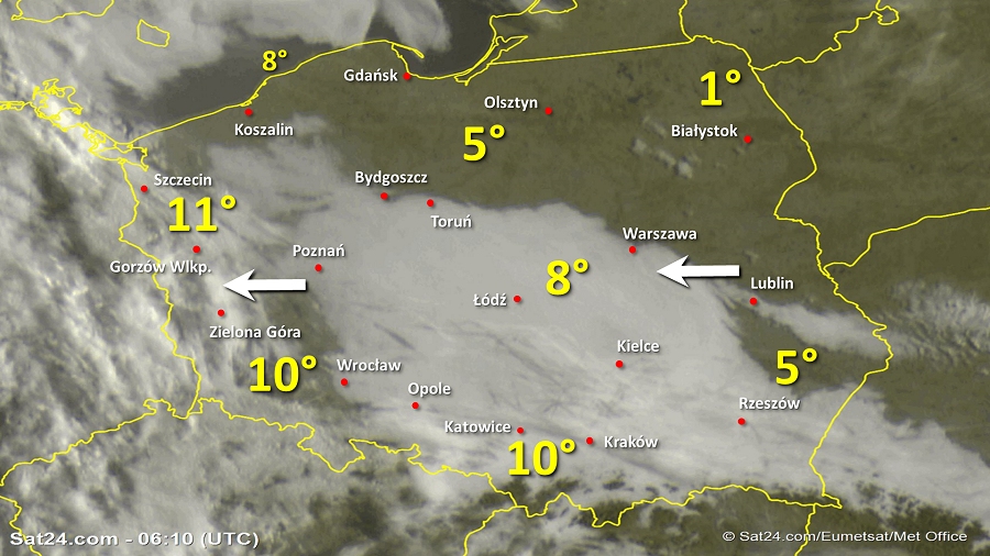 Zdjęcie satelitarne Polski w dniu 24 września 2019 o godzinie 8:10. Dane: Sat24.com / Eumetsat.