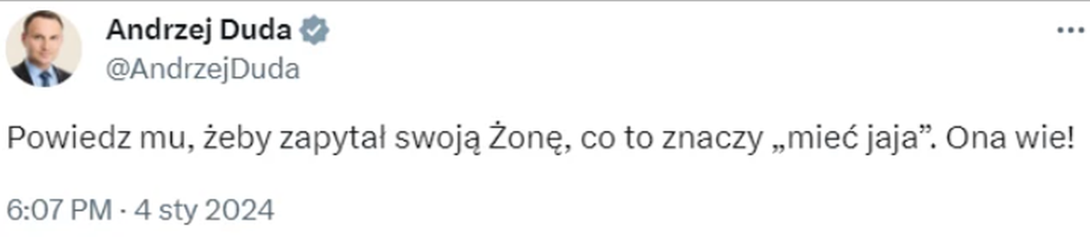 Wpis na koncie Andrzeja Dudy, który zniknął z sieci