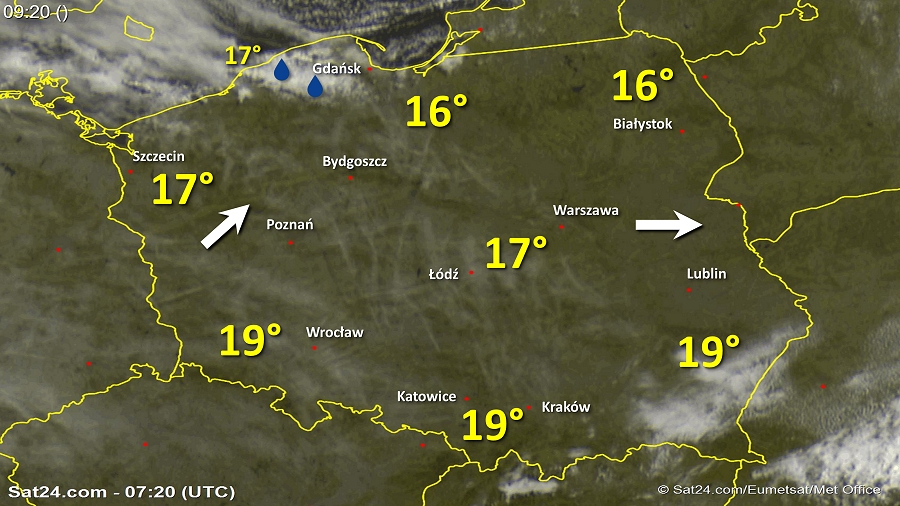 Zdjęcie satelitarne Polski w dniu 12 sierpnia 2018 o godzinie 9:20. Dane: Sat24.com / Eumetsat.