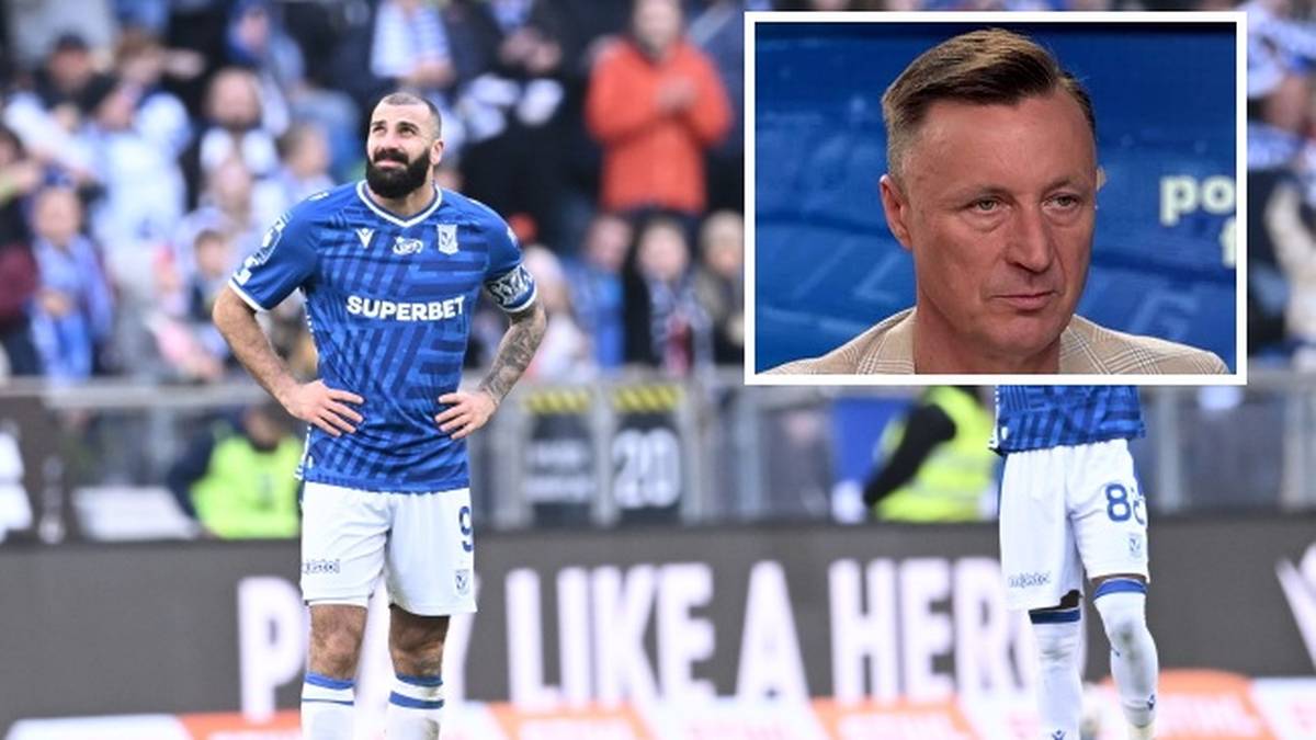 Piłkarz Lecha Poznań na boisku i portret Tomasza Hajto.