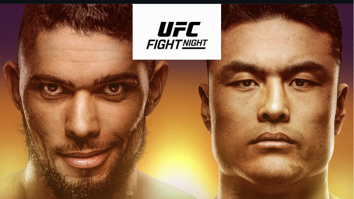 Dwaj mężczyźni spoglądają w obiektyw, z logo UFC Fight Night na g&oacute;rze.