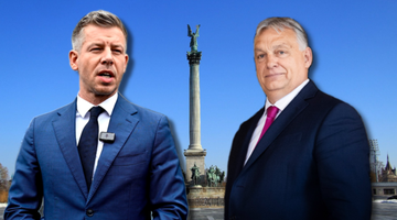 Peter Magyar i Viktor Orban na tle placu Bohater&oacute;w w Budapeszcie