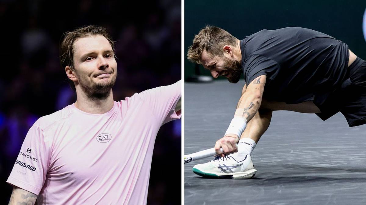 Dwa zdjęcia tenisist&oacute;w: jeden uśmiecha się w r&oacute;żowej koszulce, drugi klęczy na korcie z b&oacute;lu.