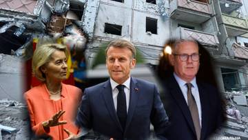 Portrety Ursuli von der Leyen, Emmanuela Macrona i Charlesa Michela na tle zniszczonego budynku.