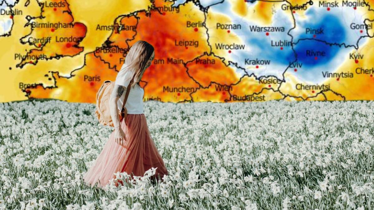 Mapa pogody z zaznaczonymi temperaturami nad Europą, z kobietą stojącą na tle kwiecistej łąki.