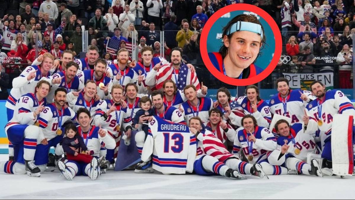 Drużyna hokejowa USA świętuje zwycięstwo olimpijskie, na pierwszym planie zawodnicy w strojach narodowych, w tle kibice, w prawym g&oacute;rnym rogu portret zawodnika w okręgu.