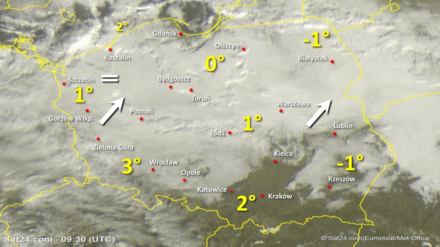 Zdjęcie satelitarne Polski w dniu 1 grudnia 2019 o godzinie 10:30. Dane: Sat24.com / Eumetsat.