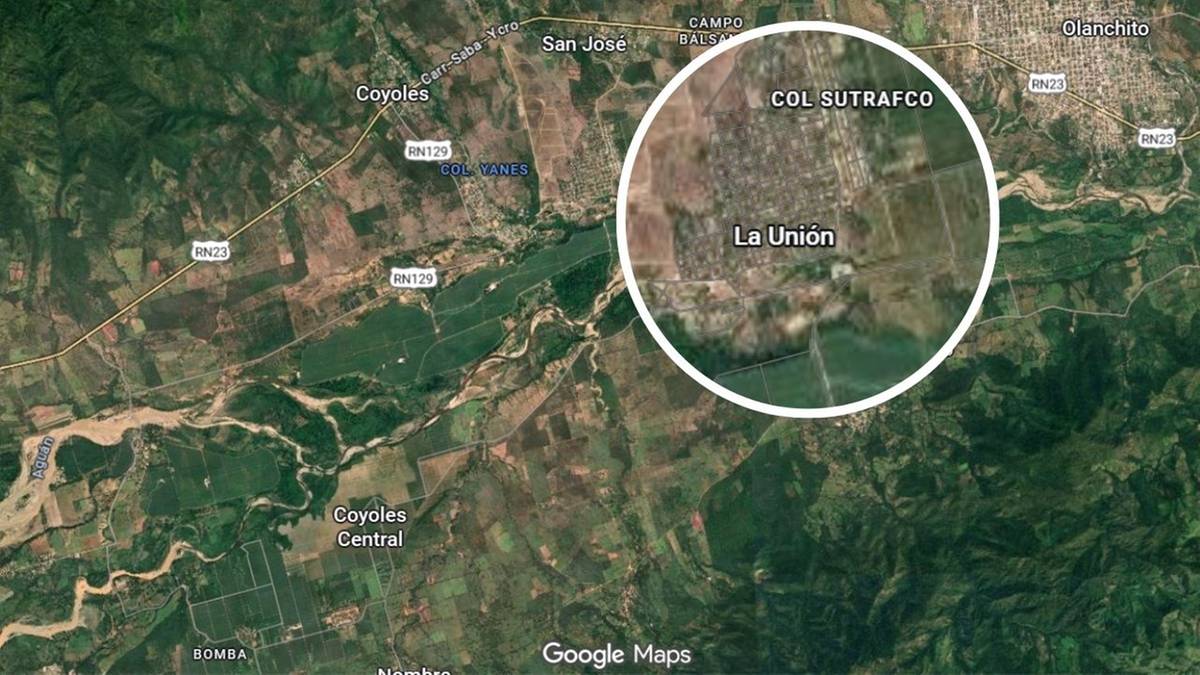 Widok satelitarny na wieś La Unión w Hondurasie z zaznaczonym obszarem na mapie.