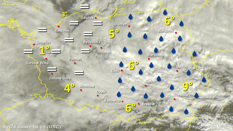 Zdjęcie satelitarne Polski w dniu 22 grudnia 2019 o godzinie 11:05. Dane: Sat24.com / Eumetsat.