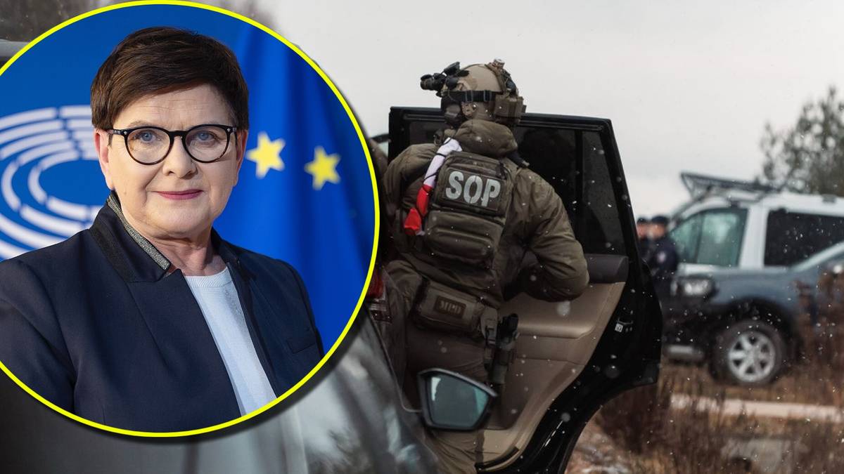 Portret Beaty Szydło na tle flagi UE po lewej stronie, po prawej funkcjonariusz SOP wychodzący z pojazdu.