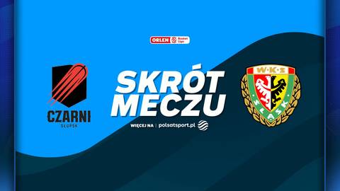 Grafika z napisem "SKR&Oacute;T MECZU", po lewej stronie logo Energa Czarni Słupsk, po prawej logo Śląska Wrocław.