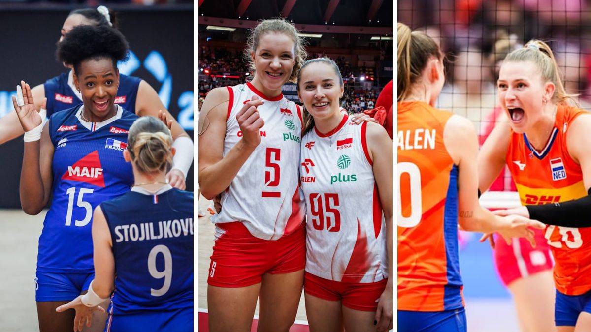 Trzy obrazy siatkarek w akcji podczas meczu. Po lewej zawodniczka w niebieskiej koszulce z numerem 15 radośnie unosi ręce. W środku dwie zawodniczki w białych koszulkach z numerami 5 i 95 patrzą na siebie z uśmiechem. Po prawej zawodniczka w czerwonej koszulce krzyczy z radości.