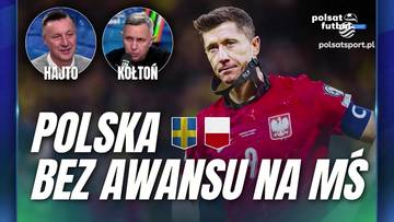 Grafika przedstawiająca Roberta Lewandowskiego w koszulce reprezentacji Polski, z tekstem "POLSKA BEZ AWANSU NA MŚ". W tle widoczne są portrety komentator&oacute;w "Hajto" i "Kołtoń" oraz flagi Polski i Szwecji. Napis "Mundial bez Polski" i logotypy Polsat Futbol.