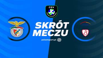 Grafika z herbami Benfiki Lizbona i PGE Budowlani Łódź oraz napisem "SKRÓT MECZU".