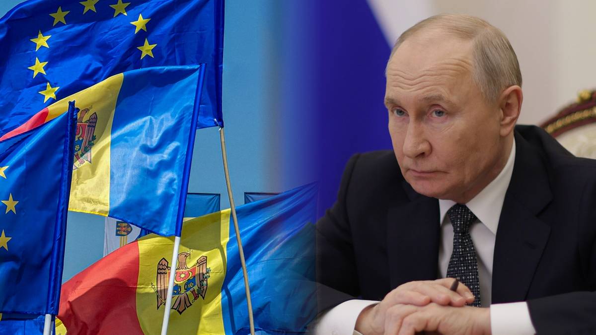 Fragment twarzy Władimira Putina po prawej, obok widoczne flagi Unii Europejskiej i Mołdawii.
