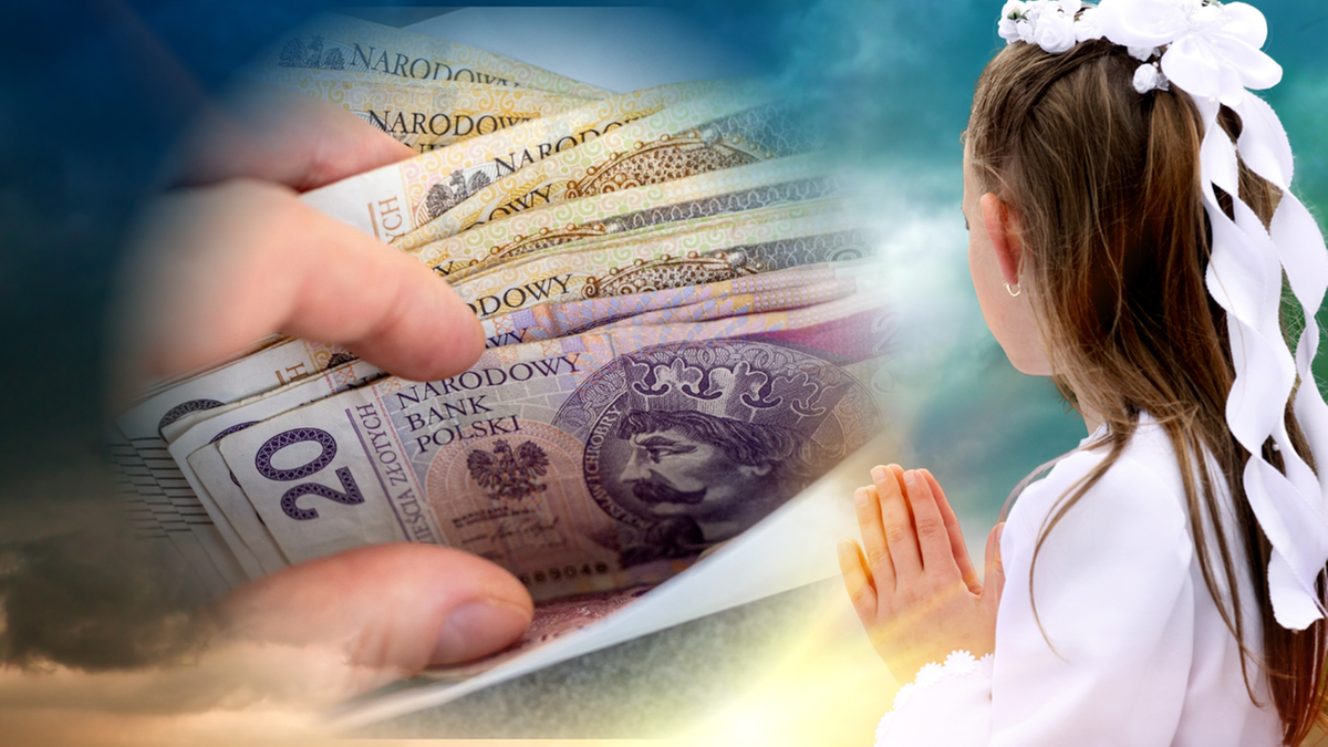 Dłoń trzymająca banknoty 20 zł, obok dziewczynka w białej sukni komunijnej z rękami złożonymi do modlitwy.