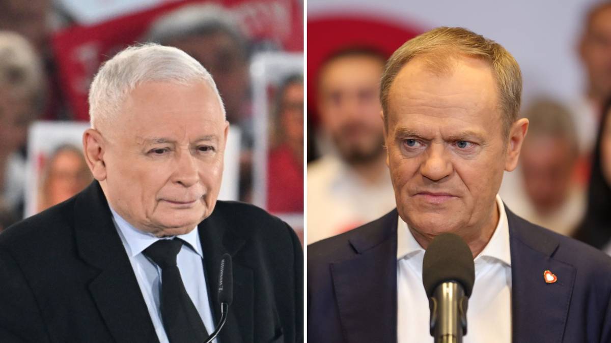 Dwaj mężczyźni w garniturach, politycy, Jarosław Kaczyński po lewej stronie, Donald Tusk po prawej.