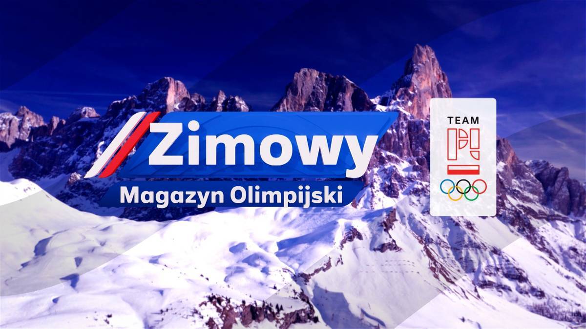 Zimowy krajobraz górski z logo "Zimowy Magazyn Olimpijski" i "TEAM POLSKA".