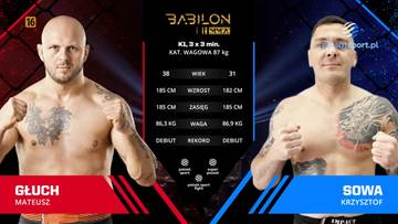 Dwóch zawodników sportów walki, Mateusz Głuch i Krzysztof Sowa, stoją naprzeciwko siebie, z tabelą statystyk walki pomiędzy nimi.