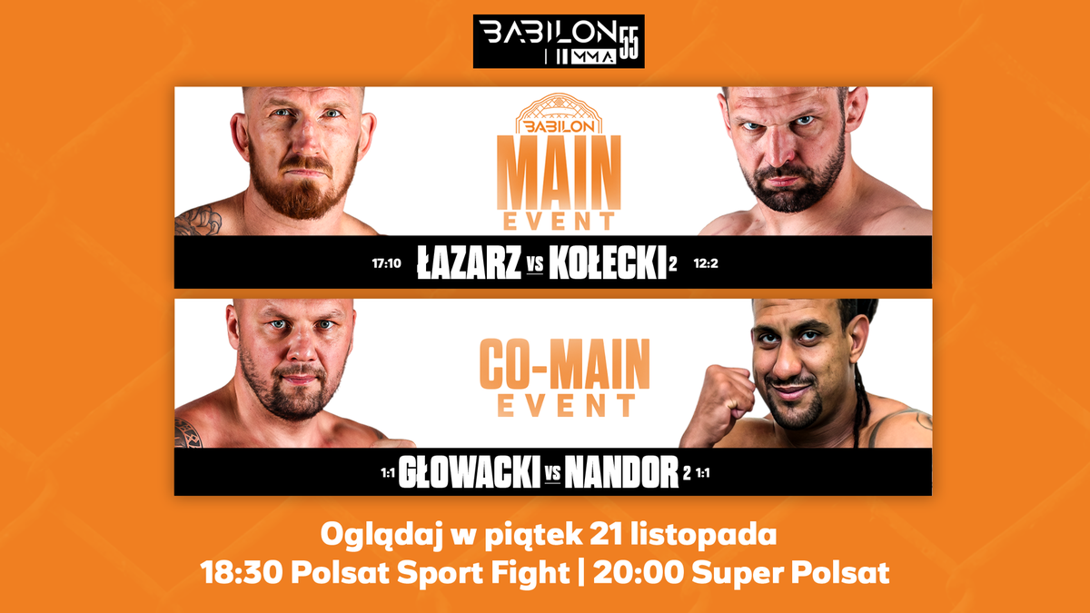 Plakat gali Babilon MMA 16 z sylwetkami walczących zawodników i informacją o terminie i miejscach transmisji.