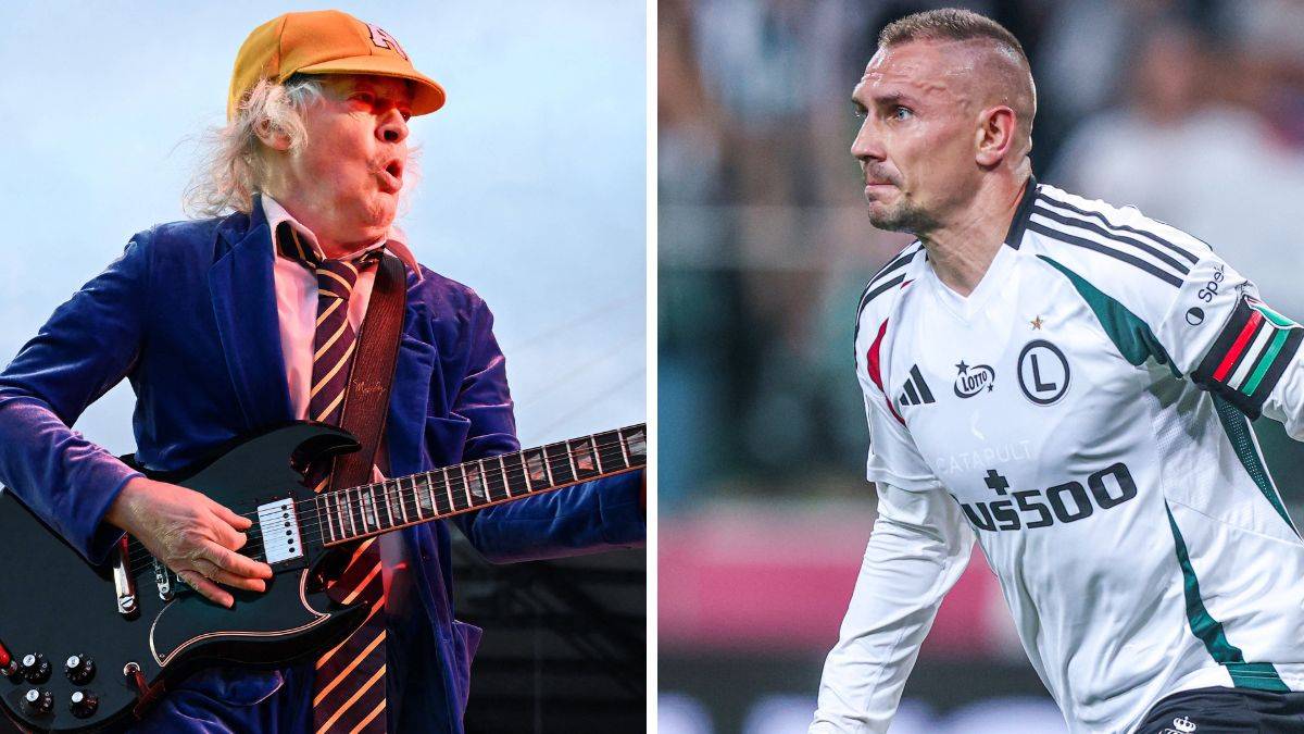 Dwie części obrazu: po lewej widać rockmana z charakterystycznym strojem i gitarą, po prawej fragment sylwetki piłkarza Legii Warszawa.