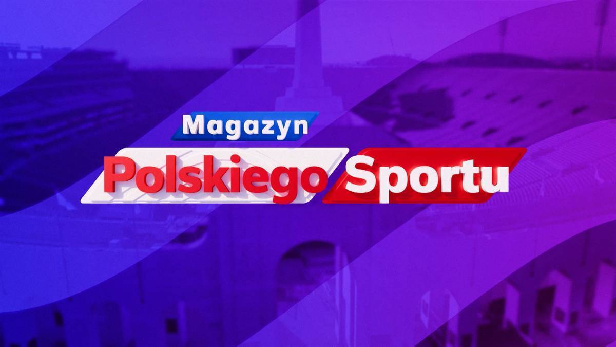 Logo "Magazyn Polskiego Sportu" na tle z rozmytym budynkiem i niebiesko-fioletowymi falami.