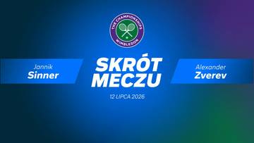 Grafika z napisem "SKR&Oacute;T MECZU" pomiędzy nazwiskami Jannik Sinner i Alexander Zverev, z logo Wimbledonu na g&oacute;rze i datą 12 LIPCA 2026 poniżej.