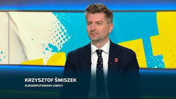 Portret Krzysztofa Śmiszka, europosła Lewicy, w studiu telewizyjnym.