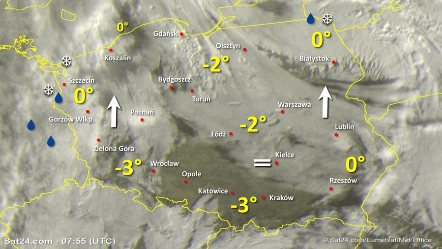 Zdjęcie satelitarne Polski w dniu 12 grudnia 2019 o godzinie 8:55. Dane: Sat24.com / Eumetsat.