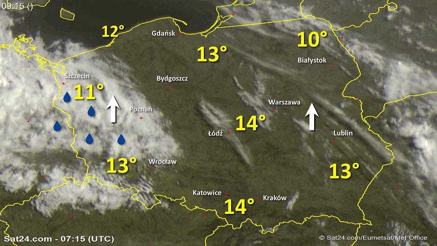 Zdjęcie satelitarne w dniu 14 kwietnia 2018 o godzinie 9:15. Dane: Sat24.com / Eumetsat.