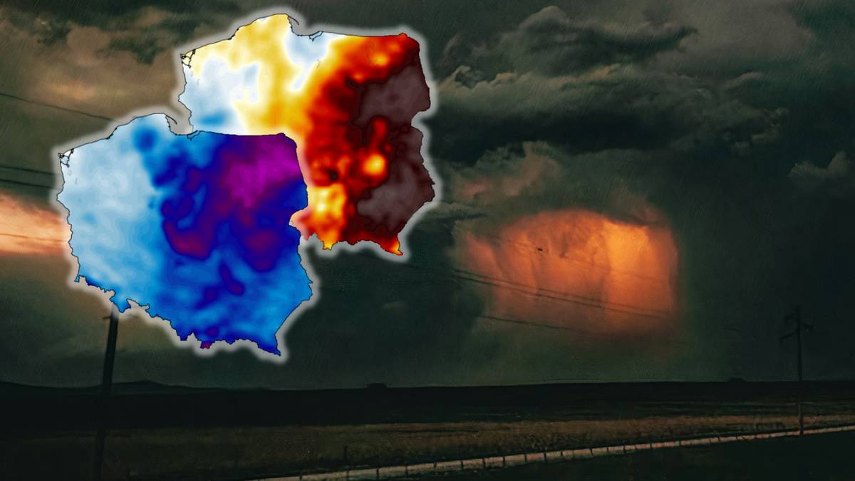 Mapa Polski z nałożonymi kolorami wskazującymi na ekstremalne temperatury: od zimnych odcieni niebieskiego i fioletowego po gorące odcienie czerwieni i ż&oacute;łci. W tle burzowe chmury i światło przetworzone przez burzę piaskową.