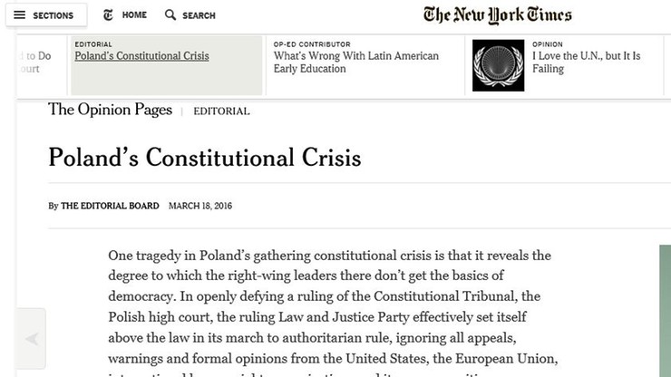 "New York Times": PiS przekroczyło czerwoną linię; potrzebne silne przesłanie USA