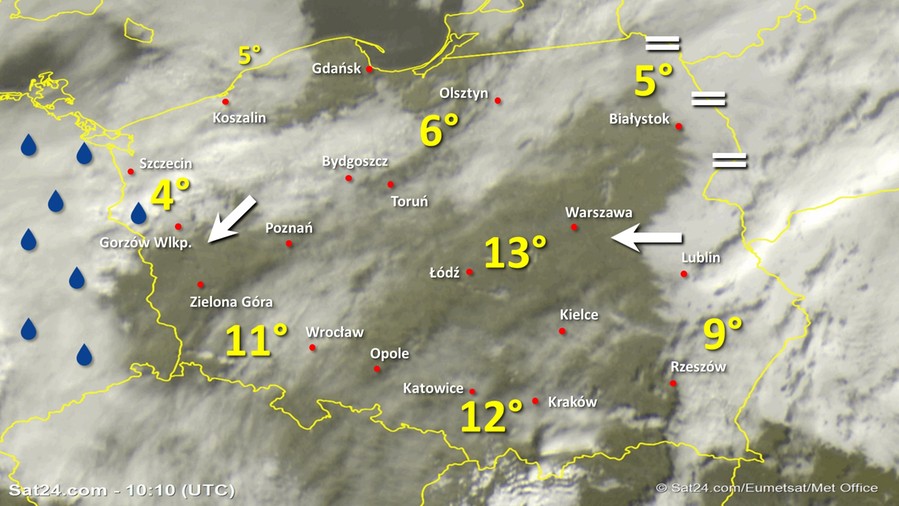 Zdjęcie satelitarne Polski w dniu 17 listopada 2019 o godzinie 11:10. Dane: Sat24.com / Eumetsat.