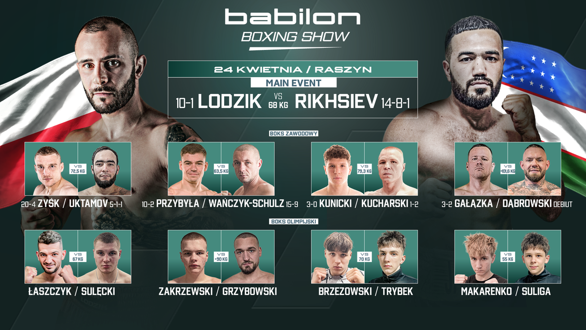Plakat informacyjny gali Babilon Boxing Show w Raszynie, prezentujący karty walk boksu zawodowego i olimpijskiego.