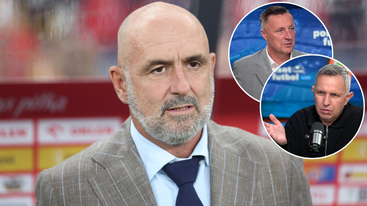 Portret mężczyzny z ogoloną głową i brodą, ubranego w garnitur w prążki i granatowy krawat. W tle, w małych kółkach, znajdują się dwa inne mężczyzny, jeden w jasnej koszuli, drugi w czarnej bluzie z kapturem.