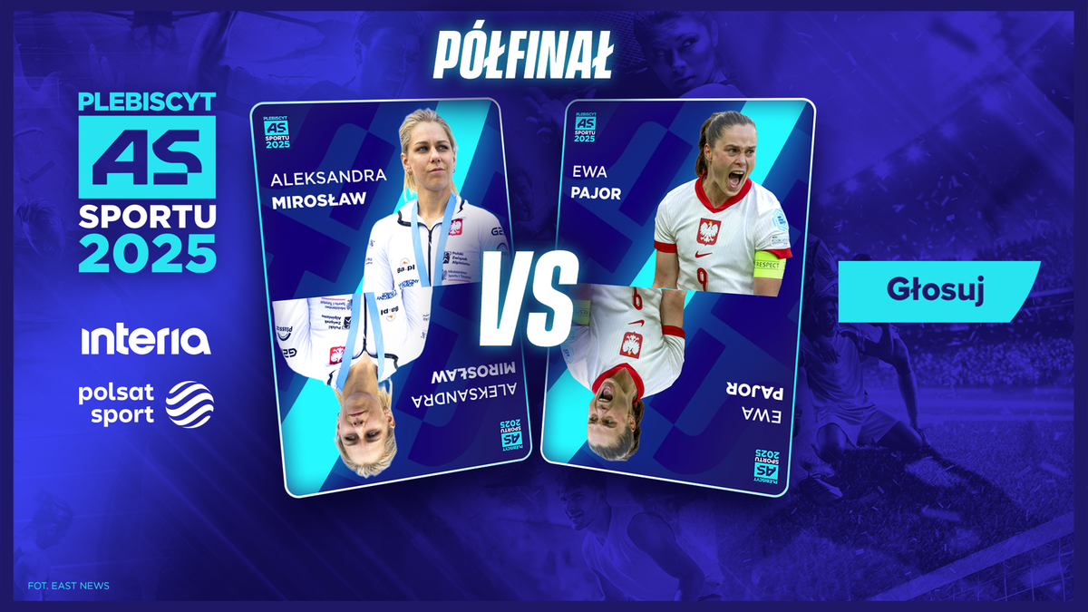 Grafika przedstawiająca pojedynek półfinałowy plebiscytu "As Sportu Interii i Polsatu Sport 2025" między Aleksandrą Mirosław a Ewą Pajor. Po lewej stronie znajduje się zdjęcie Aleksandry Mirosław, specjalistki od wspinaczki sportowej, a po prawej zdjęcie Ewy Pajor, piłkarki.