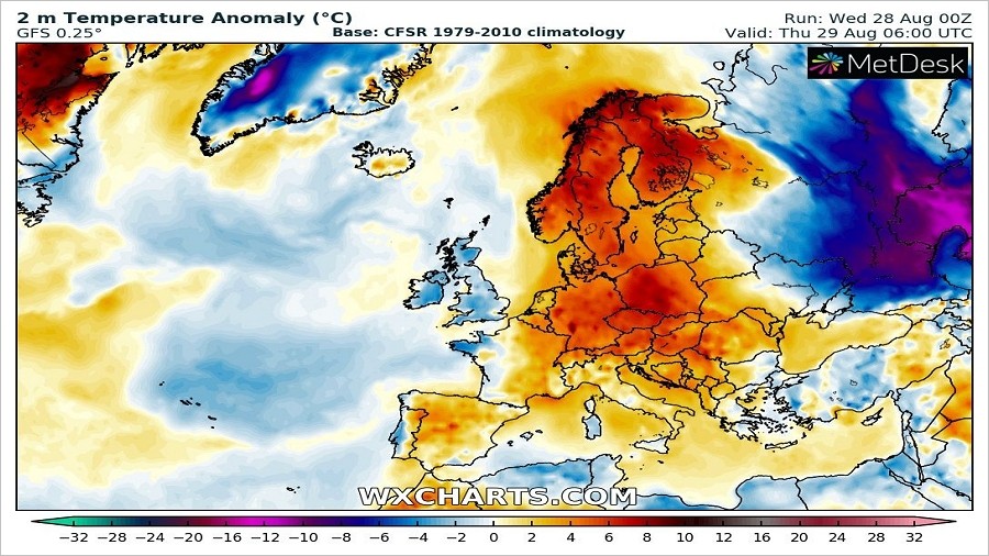 Anomalie temperatury w Europie w dniu 29 sierpnia 2019, godz. 8:00. Fot. wxcharts.com