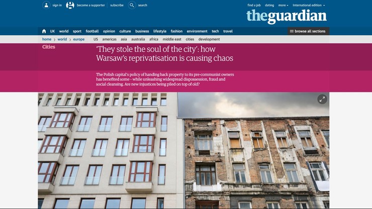 "Guardian" o kontrowersjach wokół warszawskiej reprywatyzacji