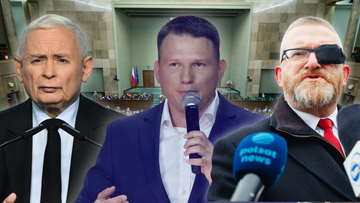 Trzy portrety polityków: Jarosława Kaczyńskiego, Sławomira Mentzena i Grzegorza Brauna, z fragmentem sali sejmowej w tle.