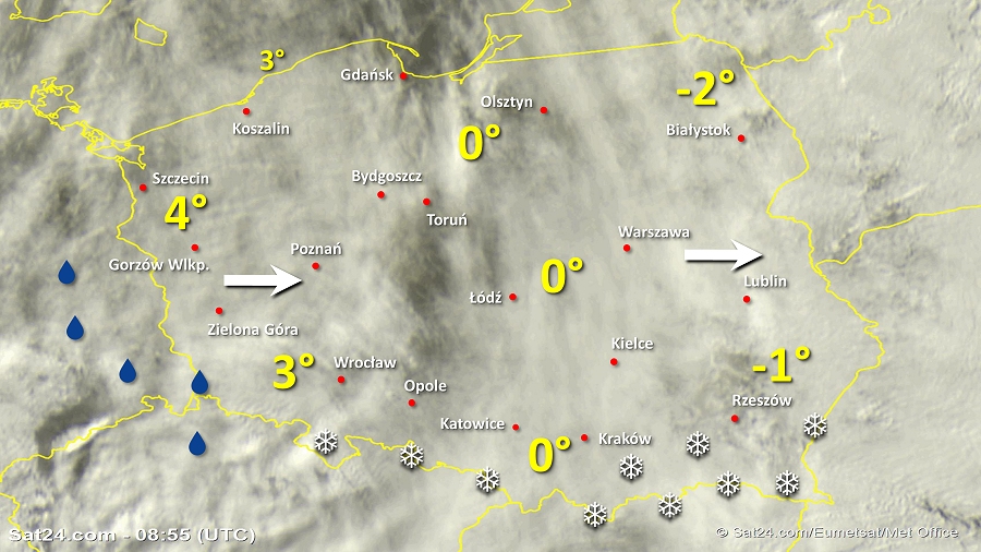 Zdjęcie satelitarne Polski w dniu 12 stycznia 2019 o godzinie 9:55. Dane: Sat24.com / Eumetsat.