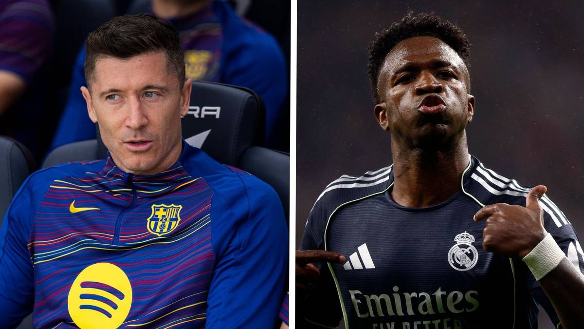 Dwa zdjęcia piłkarzy: po lewej Robert Lewandowski w koszulce FC Barcelony, po prawej Vin&iacute;cius J&uacute;nior w koszulce Realu Madryt.