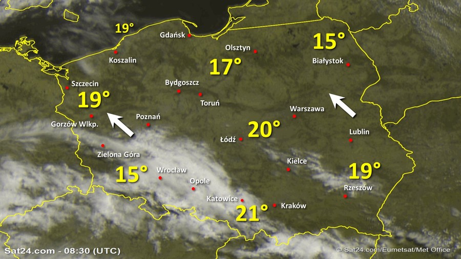 Zdjęcie satelitarne Polski w dniu 10 maja 2020 o godzinie 10:30. Dane: Sat24.com / Eumetsat.