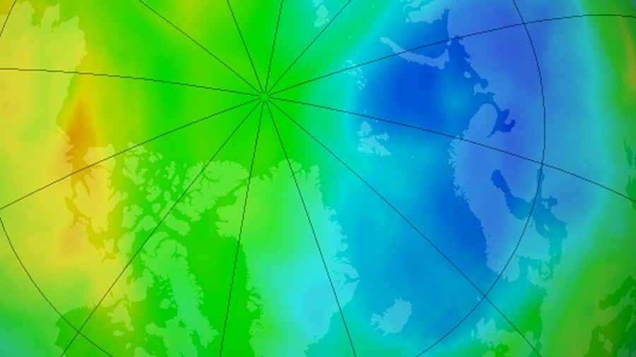 Stężenie ozonu nad Arktyką. Fot. NASA.